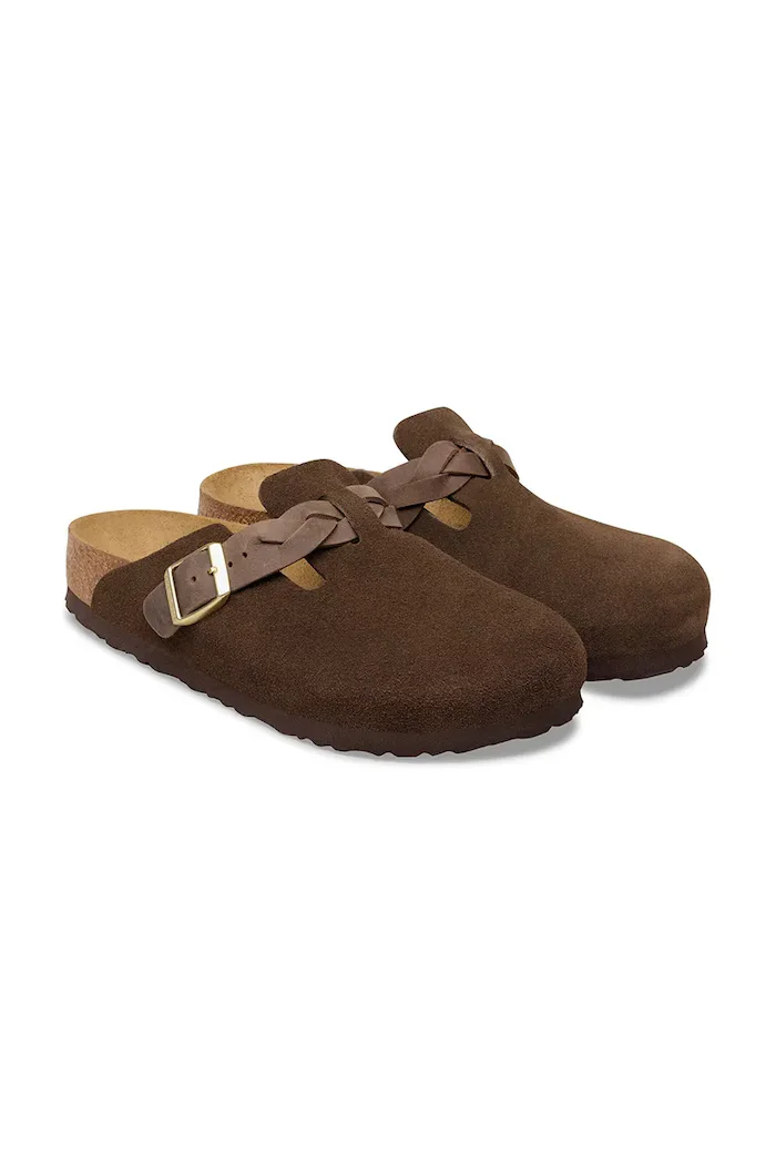 Birkenstock чехли сабо дамски от велур Boston Braided кафяви 1031716