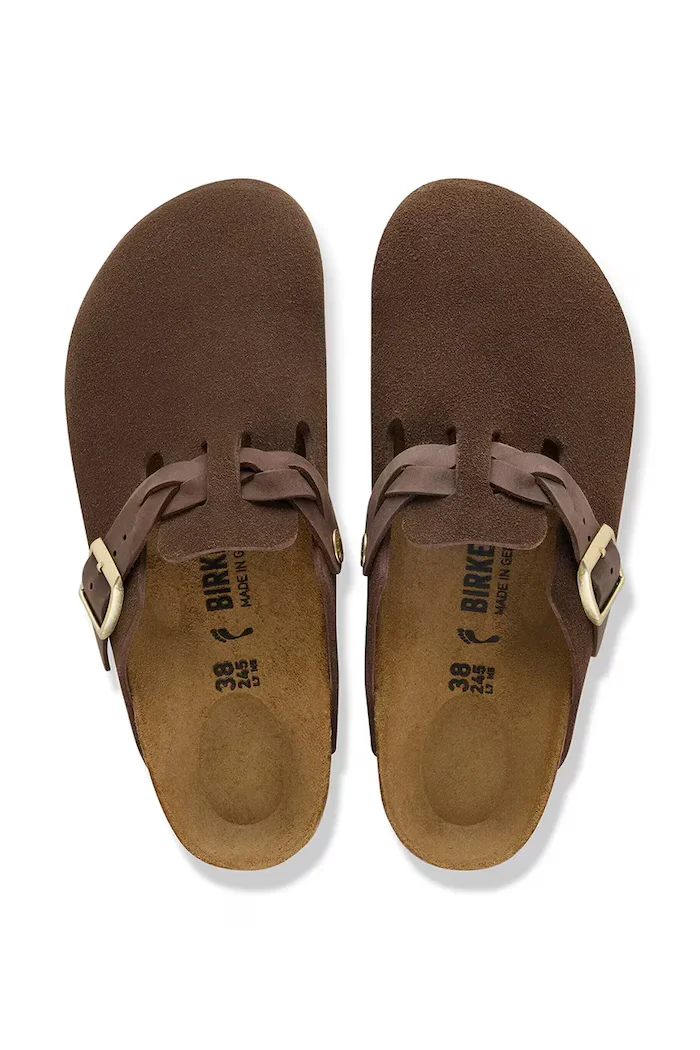 Birkenstock чехли сабо дамски от велур Boston Braided кафяви 1031716