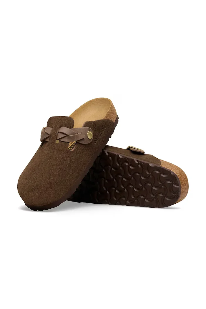 Birkenstock чехли сабо дамски от велур Boston Braided кафяви 1031716