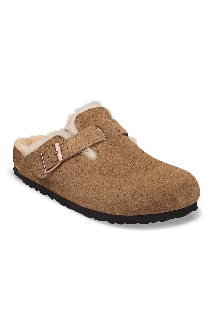 Birkenstock чехли сабо дамски от велур Boston Shearling Suede Leather кафяви 1032432