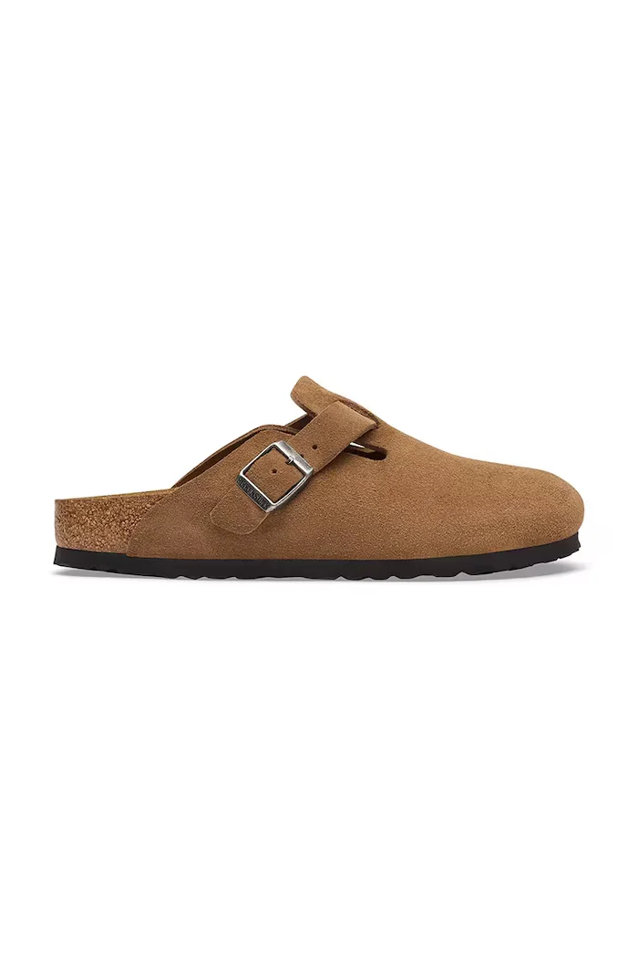 Birkenstock чехли сабо дамски от велур Boston Suede Leather кафяви 1032795