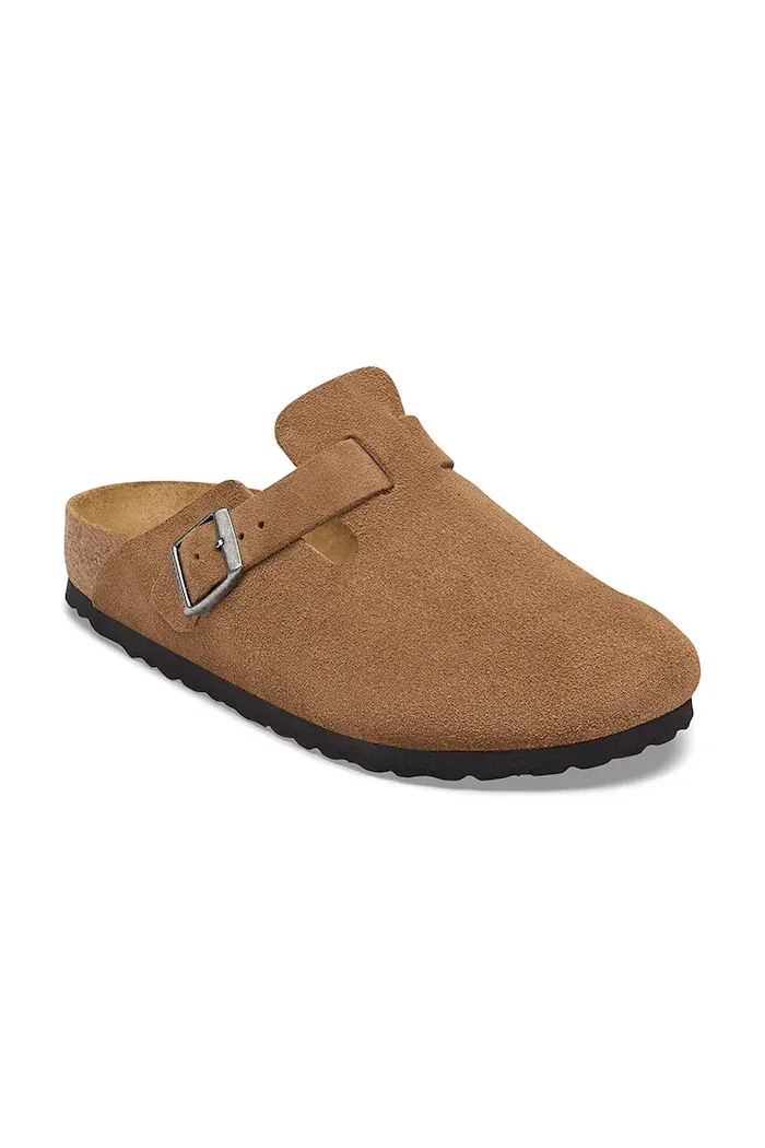 Birkenstock чехли сабо дамски от велур Boston Suede Leather кафяви 1032795