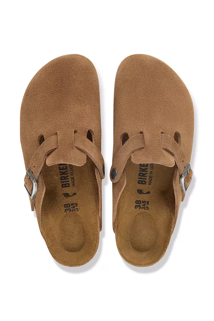 Birkenstock чехли сабо дамски от велур Boston Suede Leather кафяви 1032795