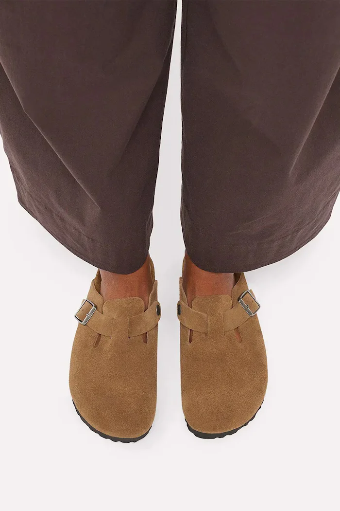 Birkenstock чехли сабо дамски от велур Boston Suede Leather кафяви 1032795