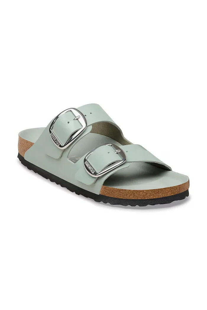 Birkenstock дамски кожени чехли с равна подметка Arizona Big Buckle зелени 1031871