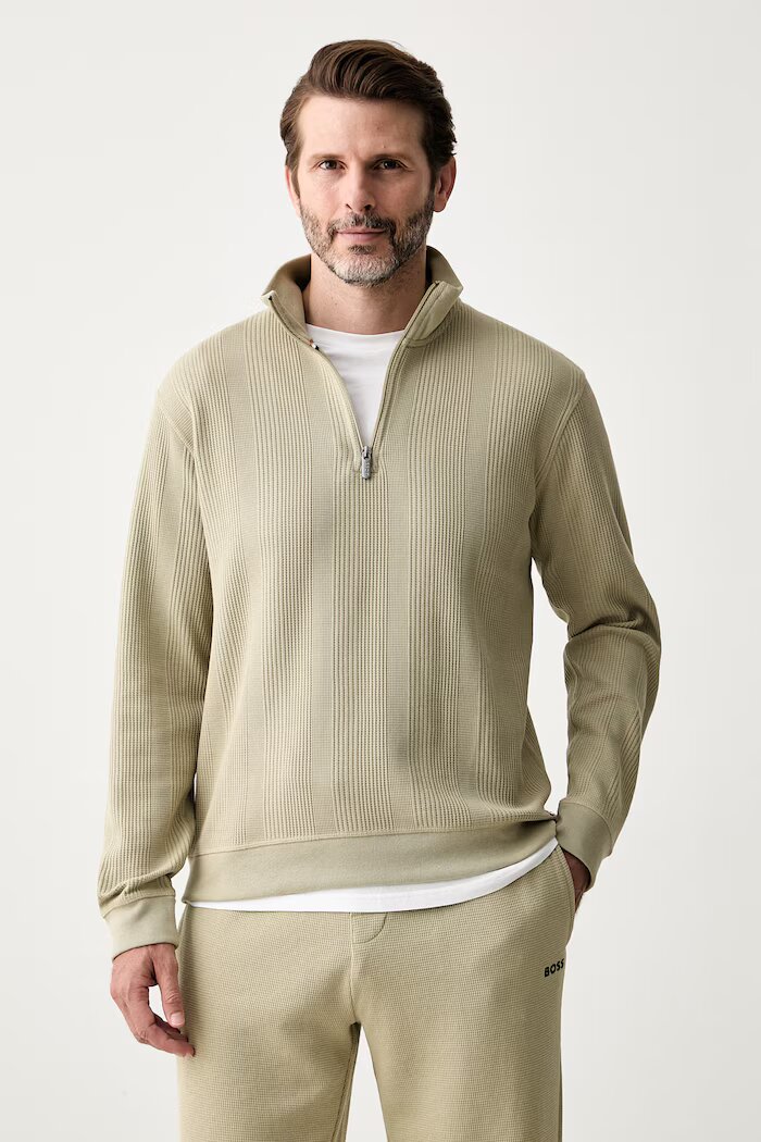 BOSS домашен суичър мъжки с памук Structure 1/4 Zip зелен 50545597