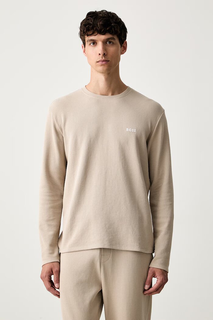 BOSS домашна блуза с дълги ръкави мъжка с памук Waffle LS-Shirt бежова 50535870