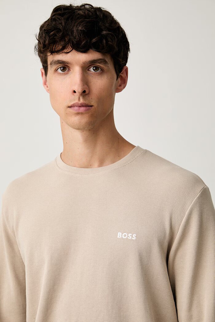 BOSS домашна блуза с дълги ръкави мъжка с памук Waffle LS-Shirt бежова 50535870