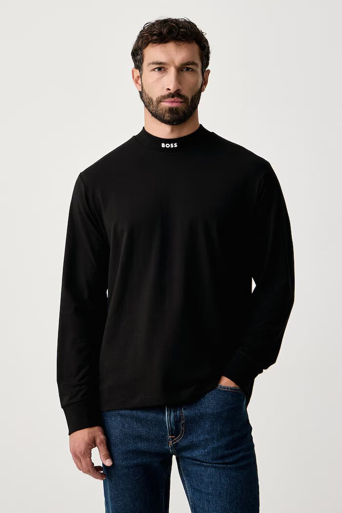 BOSS Green блуза с дълги ръкави мъжка от памук с еластан Tee Collar Long черна 50576916