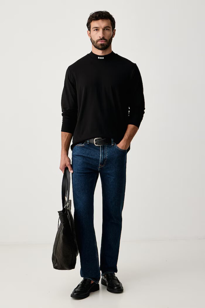 BOSS Green блуза с дълги ръкави мъжка от памук с еластан Tee Collar Long черна 50576916
