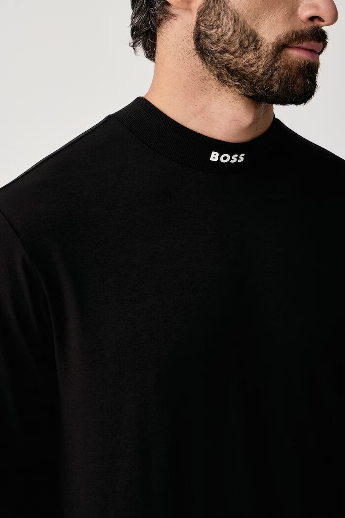 BOSS Green блуза с дълги ръкави мъжка от памук с еластан Tee Collar Long черна 50576916