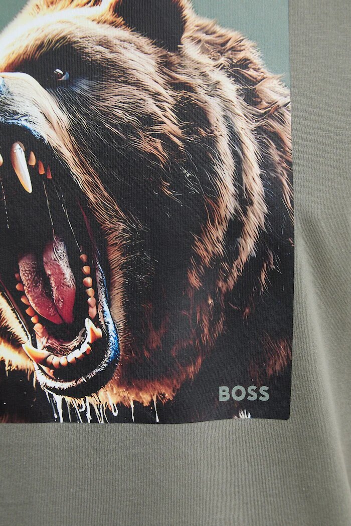 BOSS Orange Памучна тениска Te_Dobermann в сиво с принт 50558965