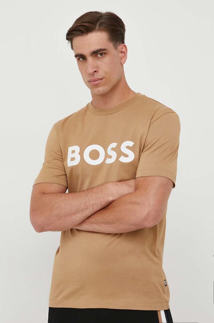 BOSS Памучна тениска в бежово с принт 50495742