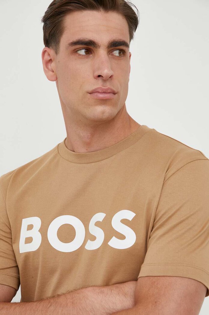 BOSS Памучна тениска в бежово с принт 50495742