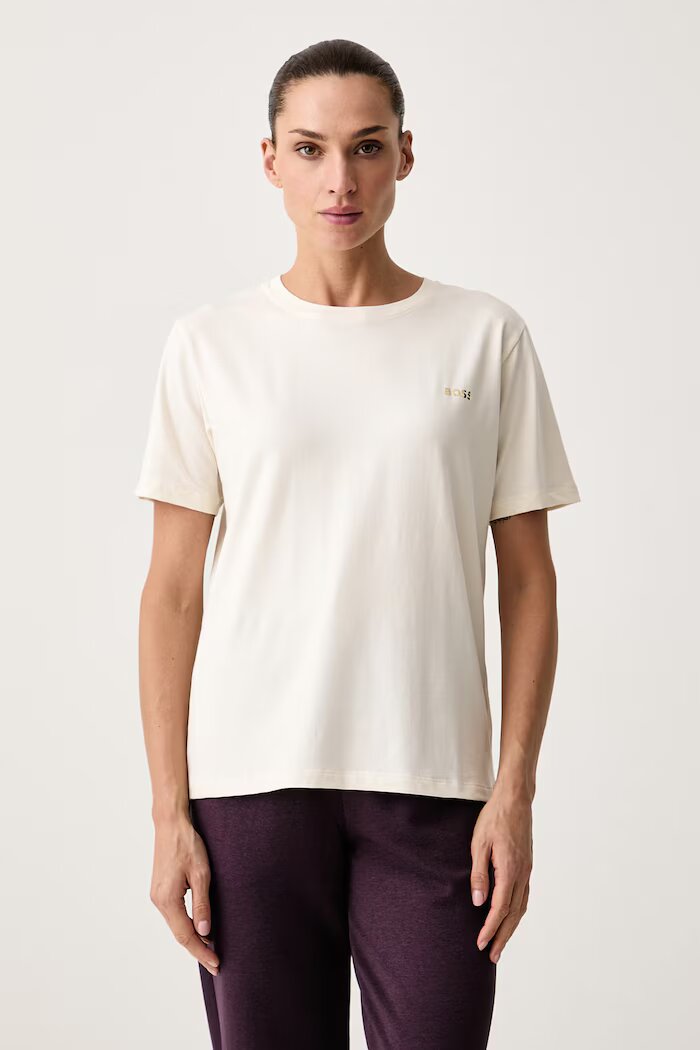 BOSS пижама с къси ръкави дамска от памук с еластан CI_T-Shirt XMAS бежова 50579795