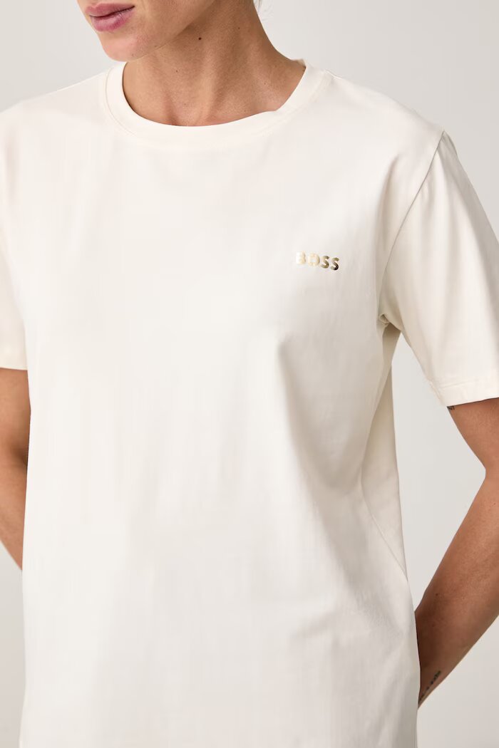 BOSS пижама с къси ръкави дамска от памук с еластан CI_T-Shirt XMAS бежова 50579795