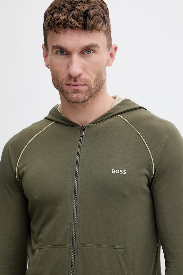 BOSS суичър с цип и качулка мъжки от памук с еластан Mix&Match Jacket H зелен 50515313