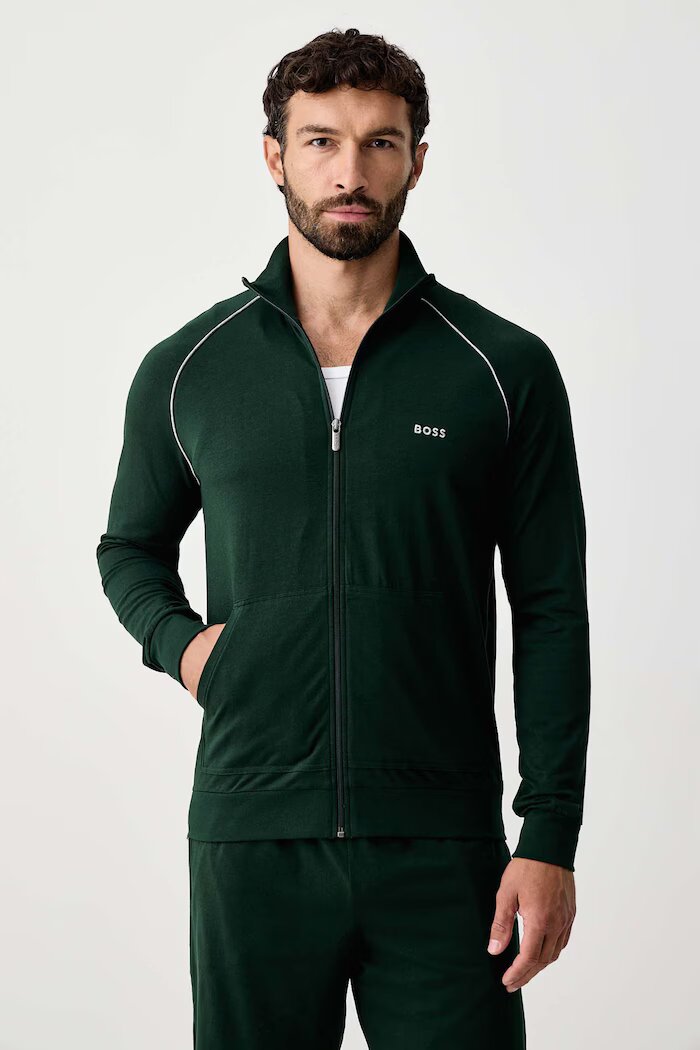 BOSS суичър с цип мъжки от памук с еластан Mix&Match Jacket Z зелен 50515307