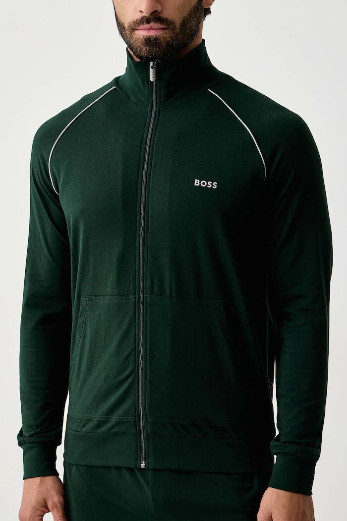 BOSS суичър с цип мъжки от памук с еластан Mix&Match Jacket Z зелен 50515307