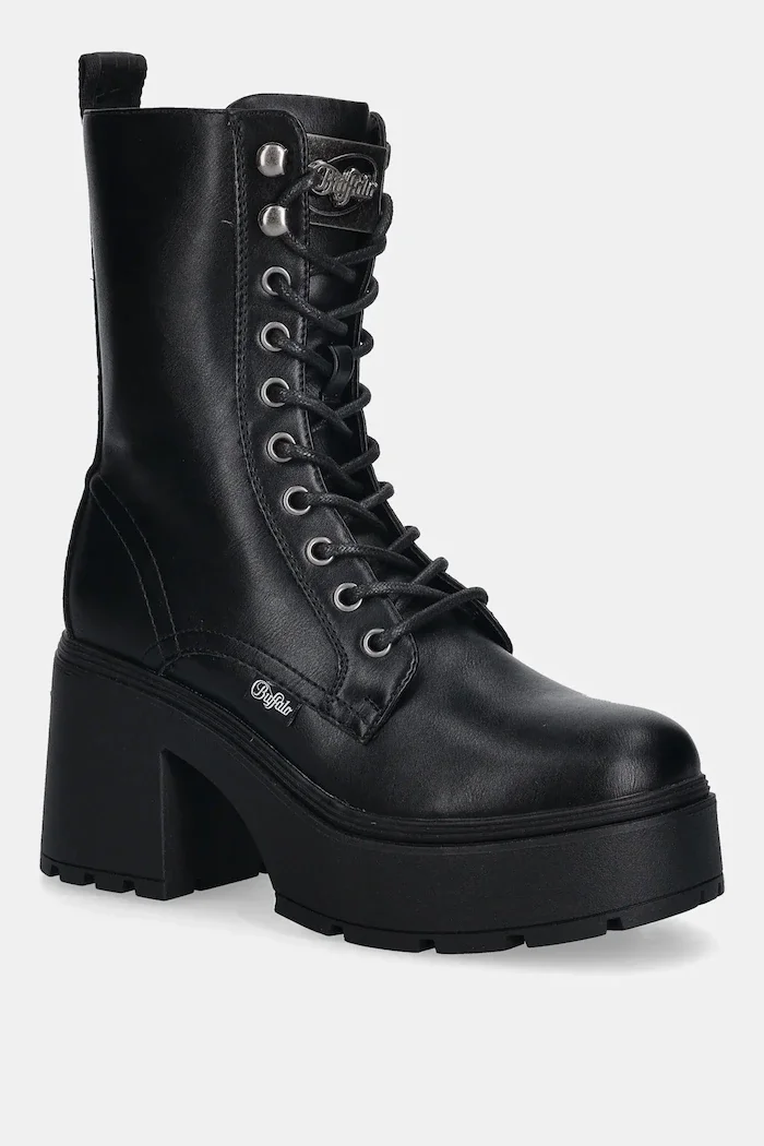 Buffalo Боти Mila Lace Up Mid в черно с дебел ток 1622615-BLK