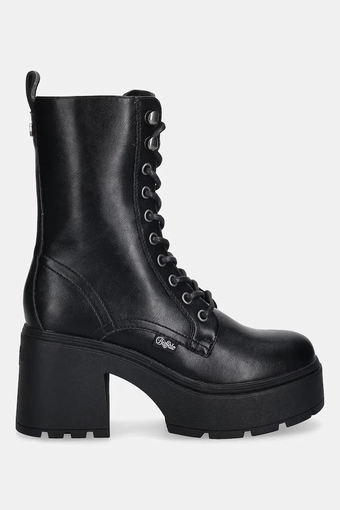 Buffalo Боти Mila Lace Up Mid в черно с дебел ток 1622615-BLK