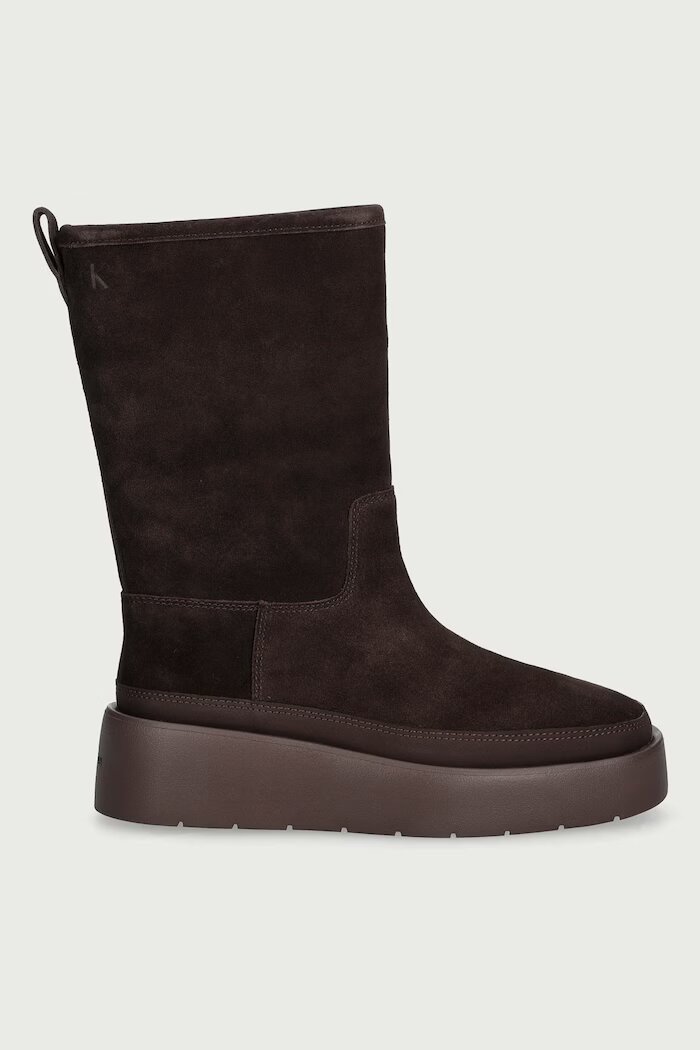 CALVIN KLEIN боти дамски от велур FLATFORM MID BOOT SUEDE WL кафяви HW0HW03181