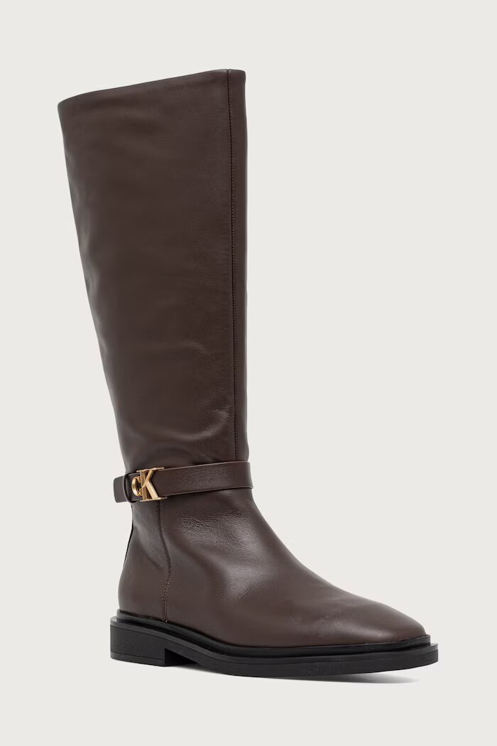 CALVIN KLEIN ботуши под коляното дамски от кожа SQUARE HIGH BOOT LTH MG HDW кафяви HW0HW03187