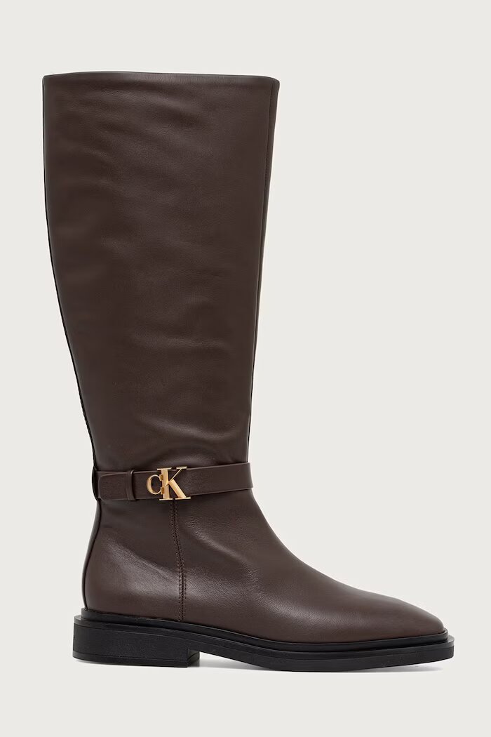 CALVIN KLEIN ботуши под коляното дамски от кожа SQUARE HIGH BOOT LTH MG HDW кафяви HW0HW03187