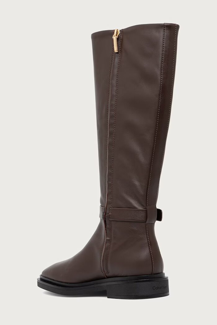 CALVIN KLEIN ботуши под коляното дамски от кожа SQUARE HIGH BOOT LTH MG HDW кафяви HW0HW03187