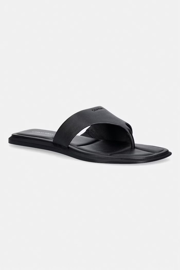 CALVIN KLEIN джапанки дамски от кожа FLAT SANDAL THONG LTH черни HW0HW02866