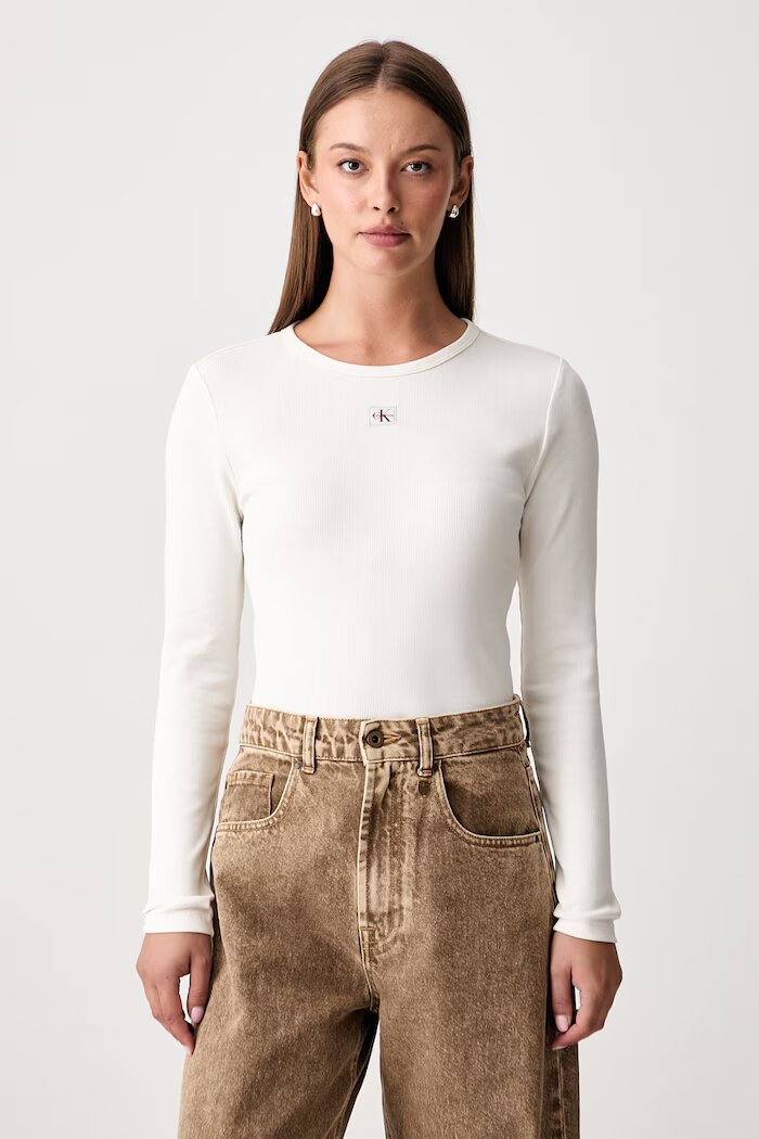 CALVIN KLEIN JEANS блуза с дълги ръкави дамска от памук с еластан бежова LV047H259G