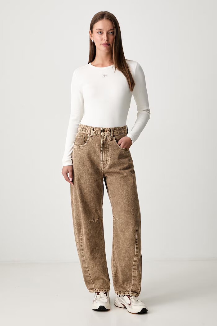 CALVIN KLEIN JEANS блуза с дълги ръкави дамска от памук с еластан бежова LV047H259G