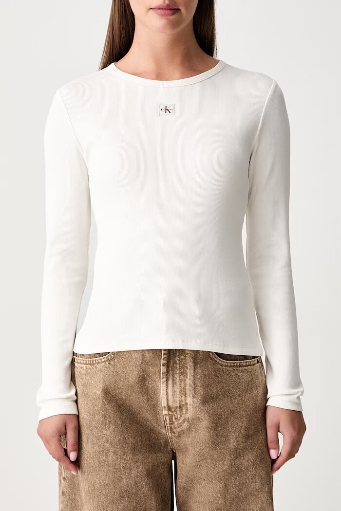 CALVIN KLEIN JEANS блуза с дълги ръкави дамска от памук с еластан бежова LV047H259G