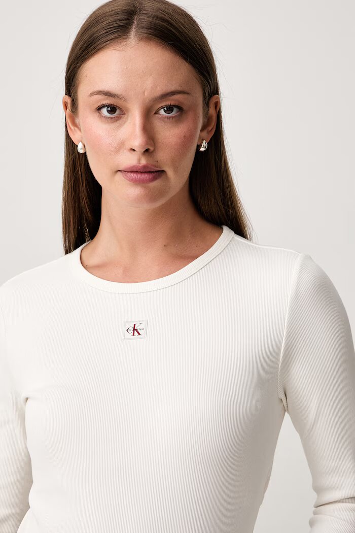 CALVIN KLEIN JEANS блуза с дълги ръкави дамска от памук с еластан бежова LV047H259G