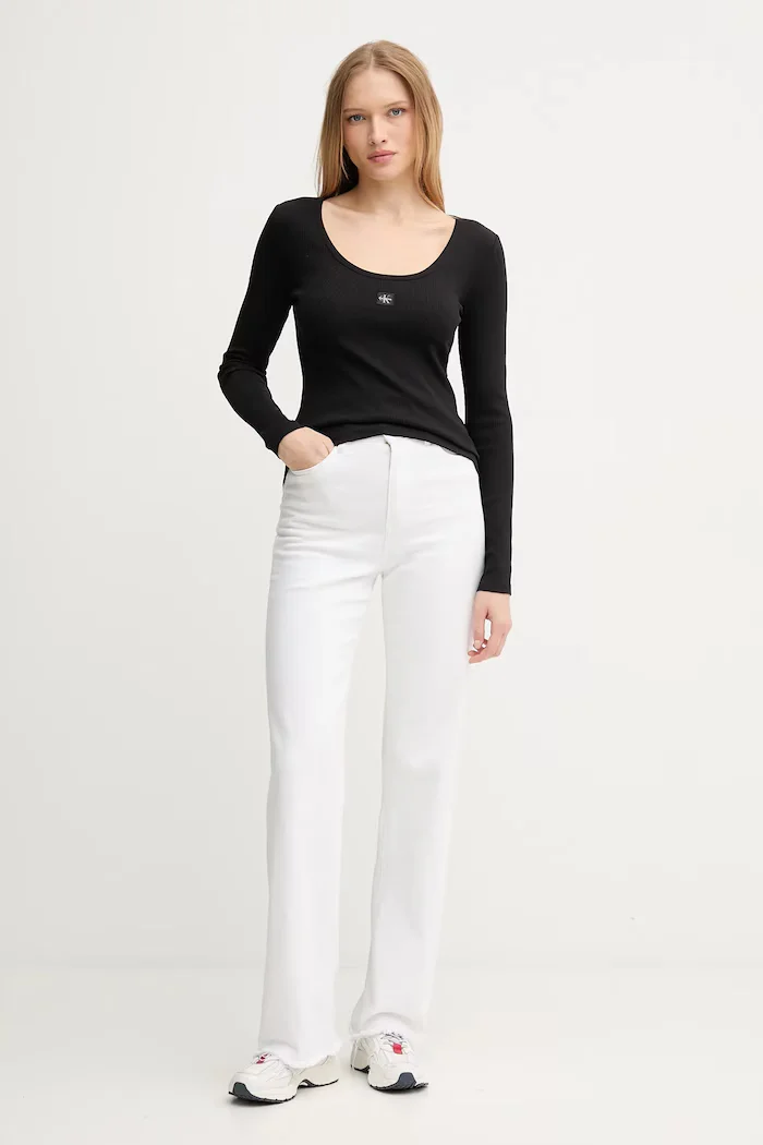 CALVIN KLEIN JEANS блуза с дълги ръкави дамска от памук с еластан черна LV047D218G