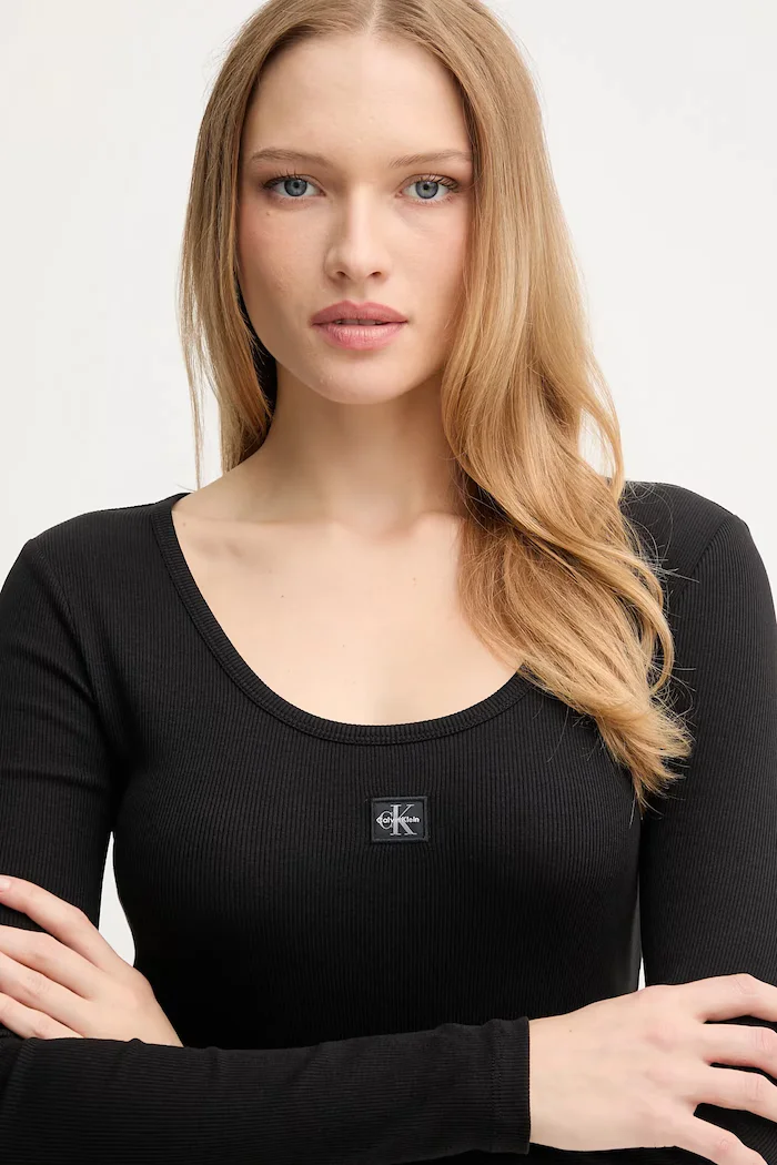 CALVIN KLEIN JEANS блуза с дълги ръкави дамска от памук с еластан черна LV047D218G