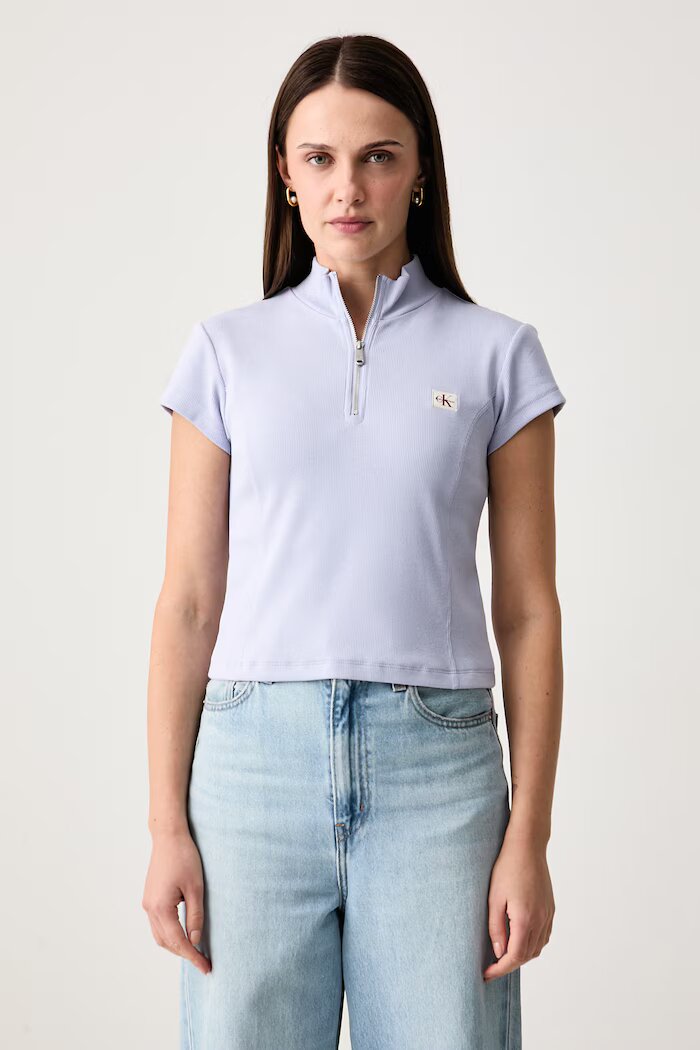 CALVIN KLEIN JEANS къс топ дамски от памук с еластан виолетов LV047G240G
