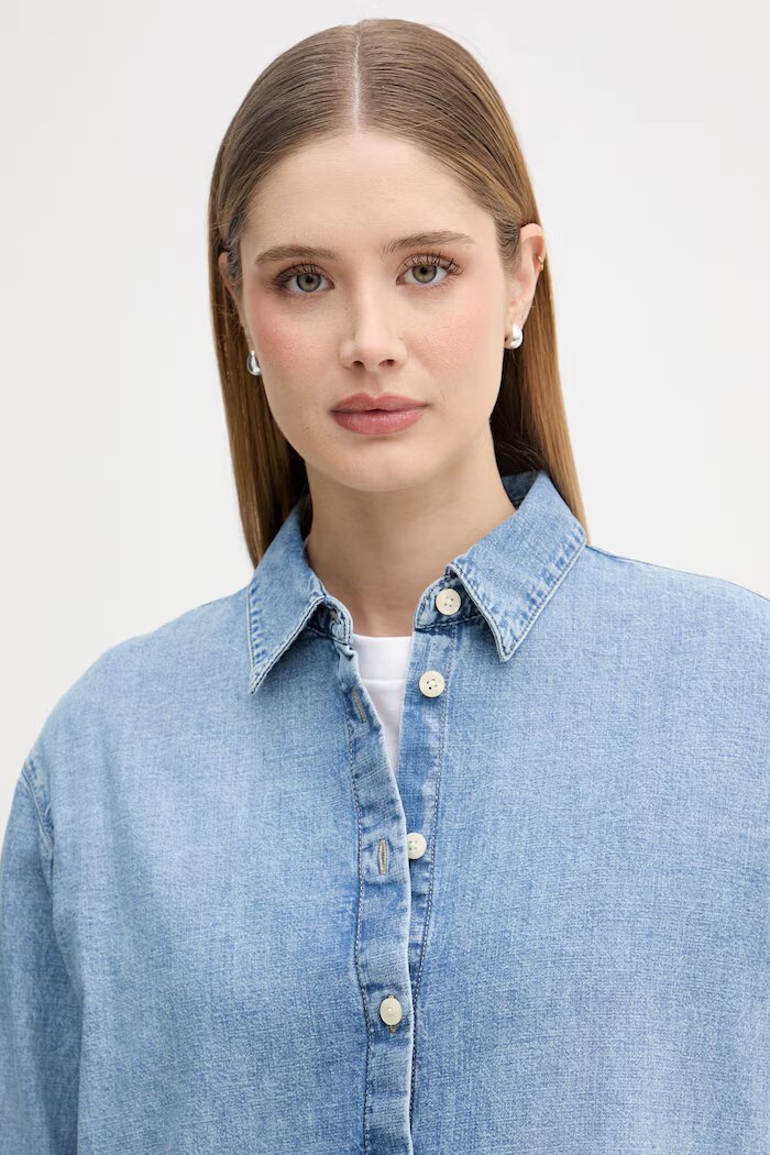 CALVIN KLEIN JEANS риза дамска от деним синя с изчистена шарка LV047F784G
