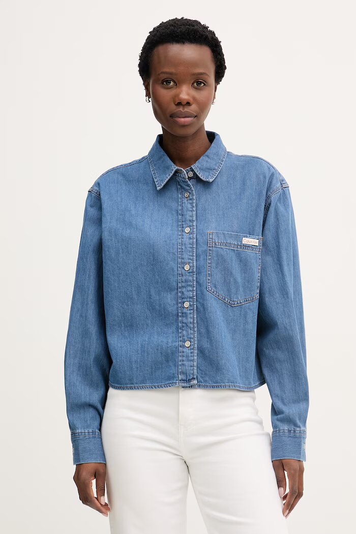 CALVIN KLEIN JEANS риза дамска от деним синя с изчистена шарка LV047F790G