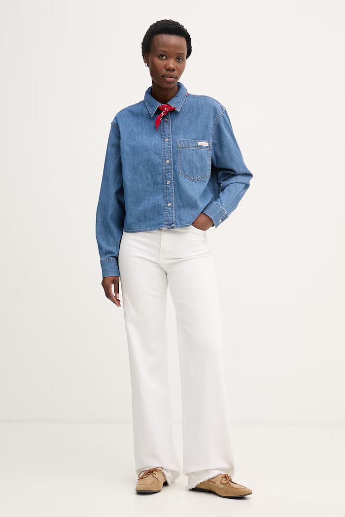 CALVIN KLEIN JEANS риза дамска от деним синя с изчистена шарка LV047F790G