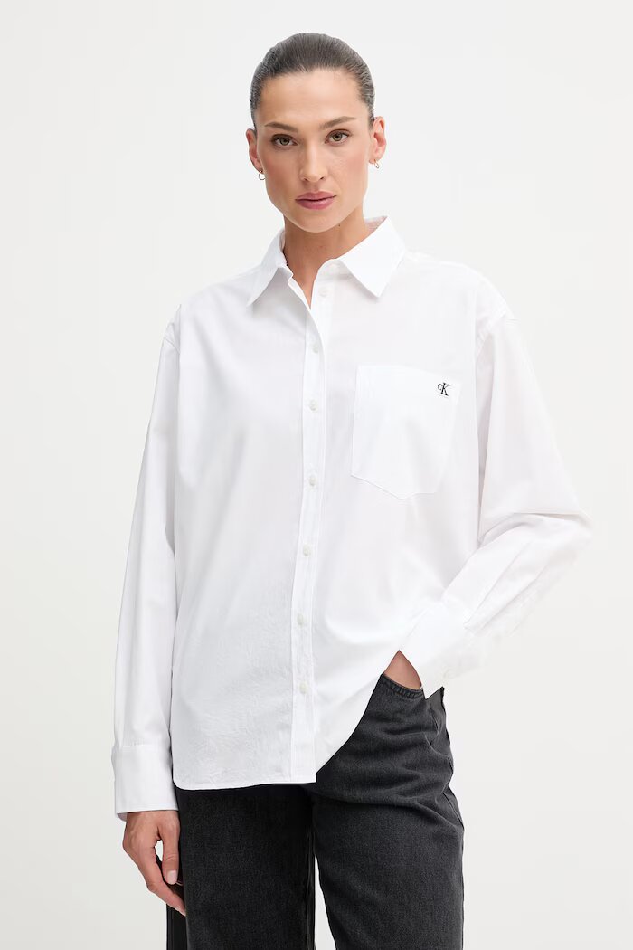 CALVIN KLEIN JEANS риза дамска от памук бяла с изчистена шарка LV047F102G