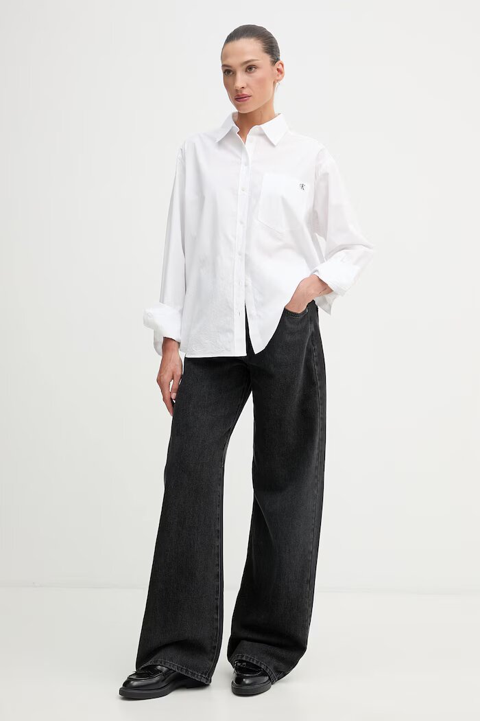 CALVIN KLEIN JEANS риза дамска от памук бяла с изчистена шарка LV047F102G