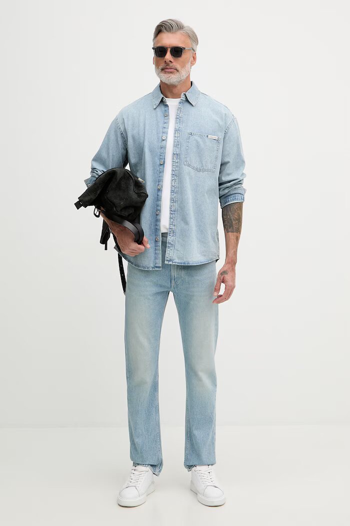 CALVIN KLEIN JEANS риза мъжка от деним синя с изчистена шарка LV04RF918G