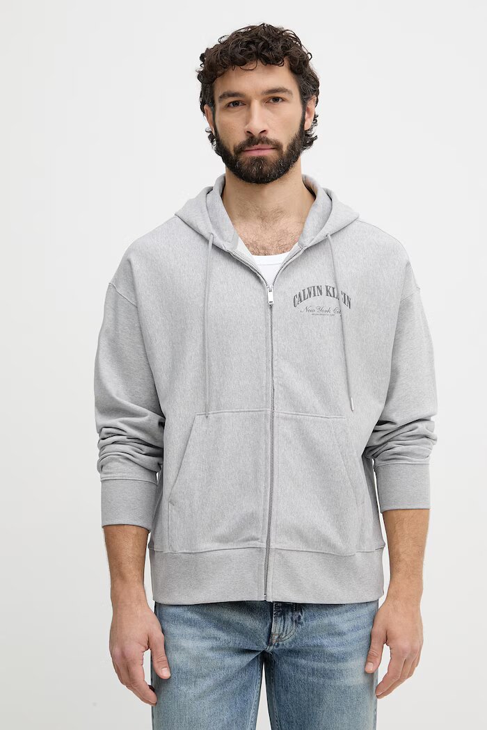 CALVIN KLEIN JEANS суичър с цип и качулка мъжки с памук сив LV04RF245G