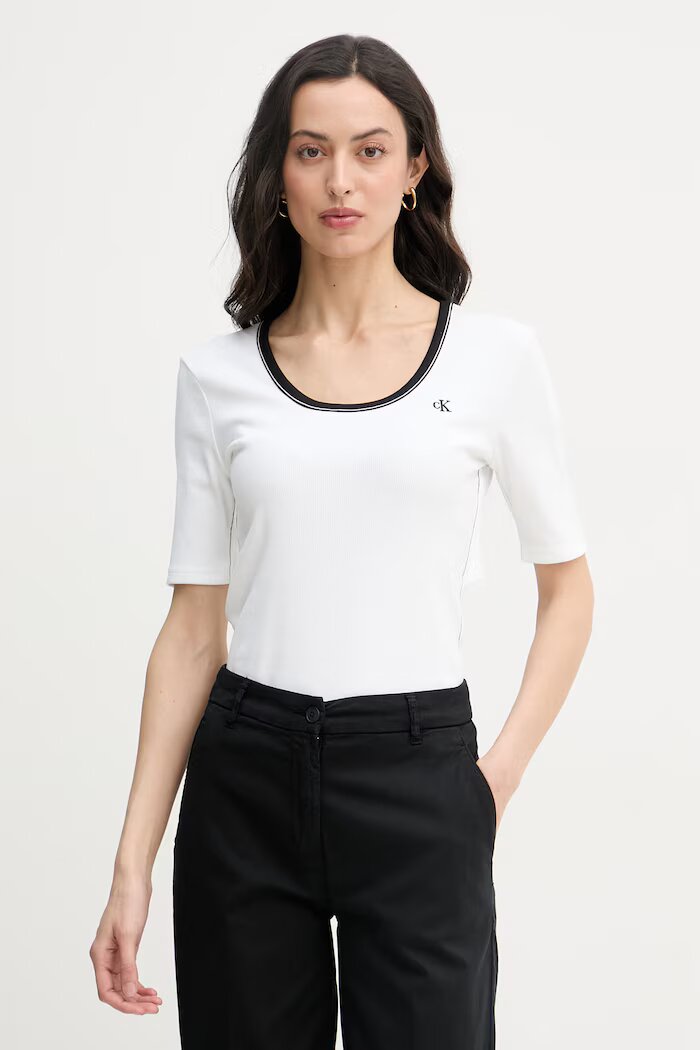 CALVIN KLEIN JEANS тениска дамска от памук с еластан бежова LV047F247G
