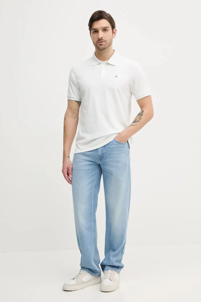 CALVIN KLEIN JEANS тениска с яка мъжка памучна бяла LV040EM269