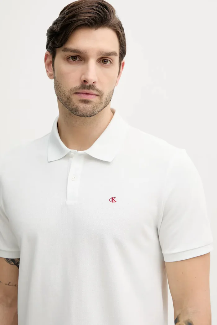 CALVIN KLEIN JEANS тениска с яка мъжка памучна бяла LV040EM269
