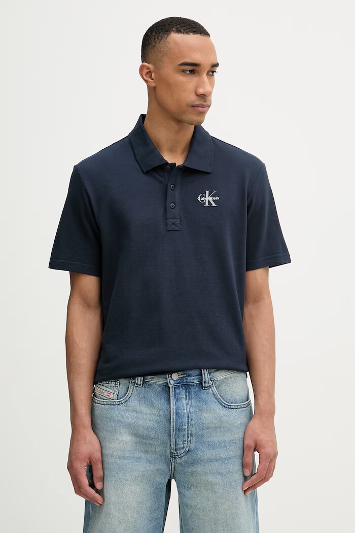 CALVIN KLEIN JEANS тениска с яка мъжка памучна тъмносиня LV04RF209G