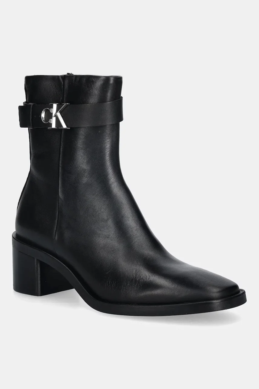 CALVIN KLEIN Кожени боти BLOCK HEEL BOOT W/ METAL LOGO