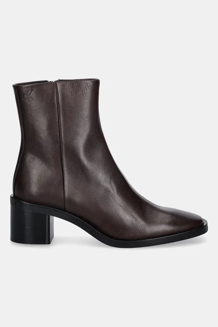CALVIN KLEIN Кожени боти BLOCK HEEL ZIP BOOT LTH в кафяво с дебел ток HW0HW02593